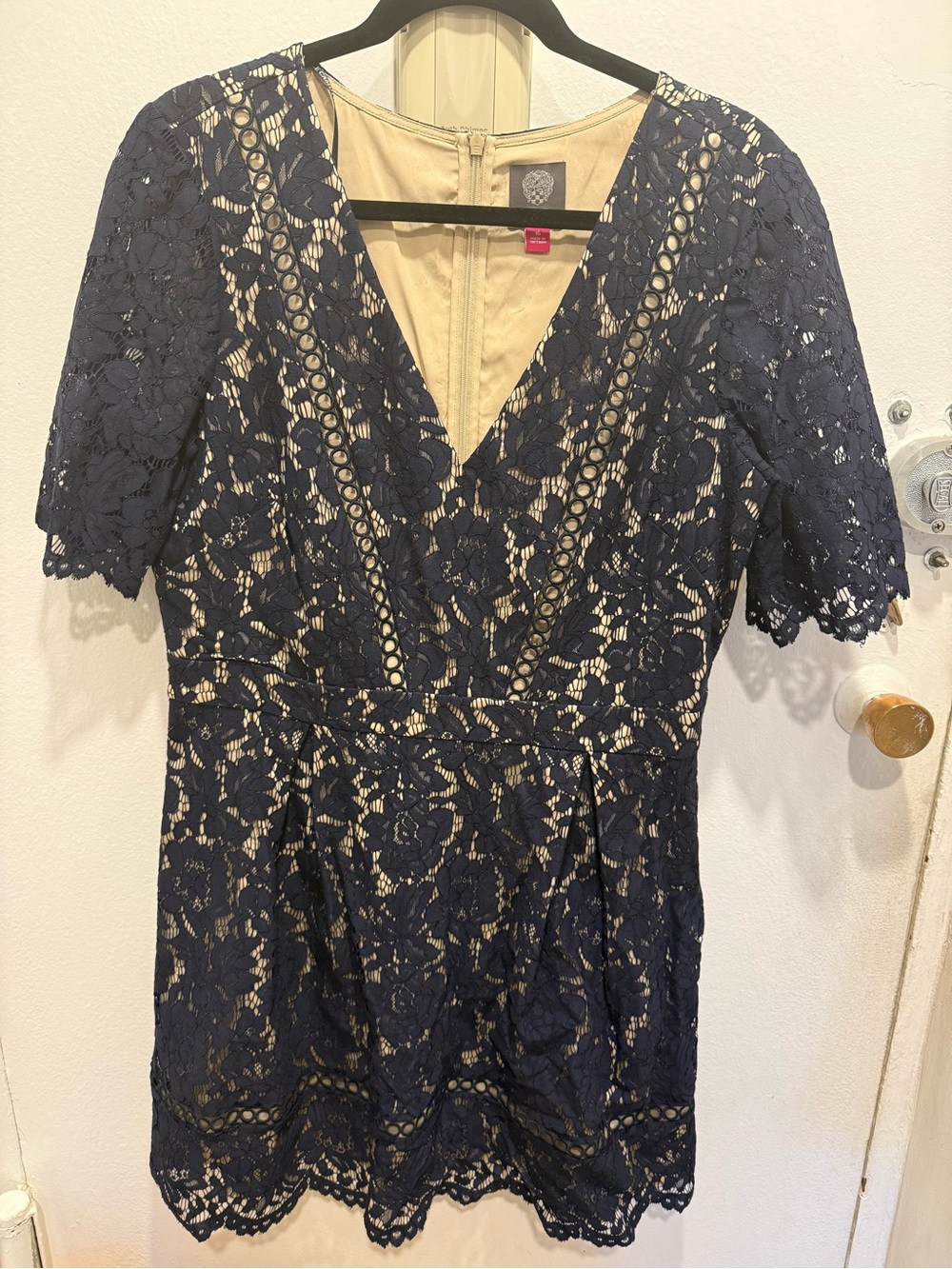 Vince Camuto Navy Lace V-Neck Tunic Dress with Nude Lining